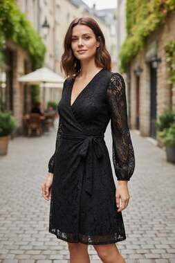 Women's Flower Lace Long Sleeve Mini Fall Dress Black Size XL
